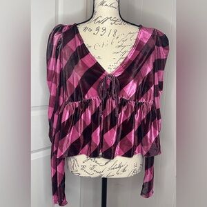 Maeve Pink and Burgundy Plaid Velvet Blouse